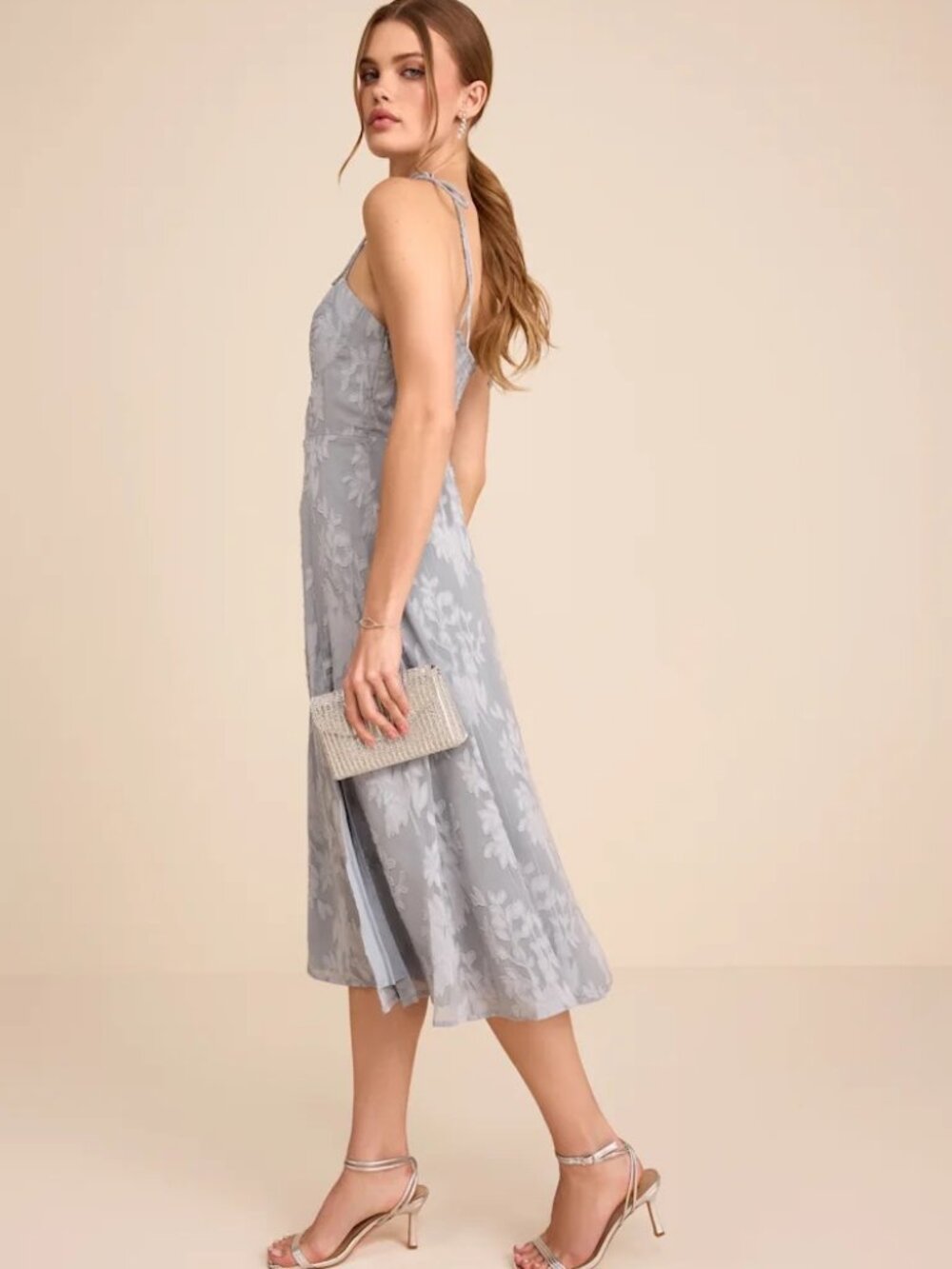 Lulus Loveliest Looks Dusty Blue Floral Jacquard Tie-strap Midi Dress - Size M - Picture 4 of 5
